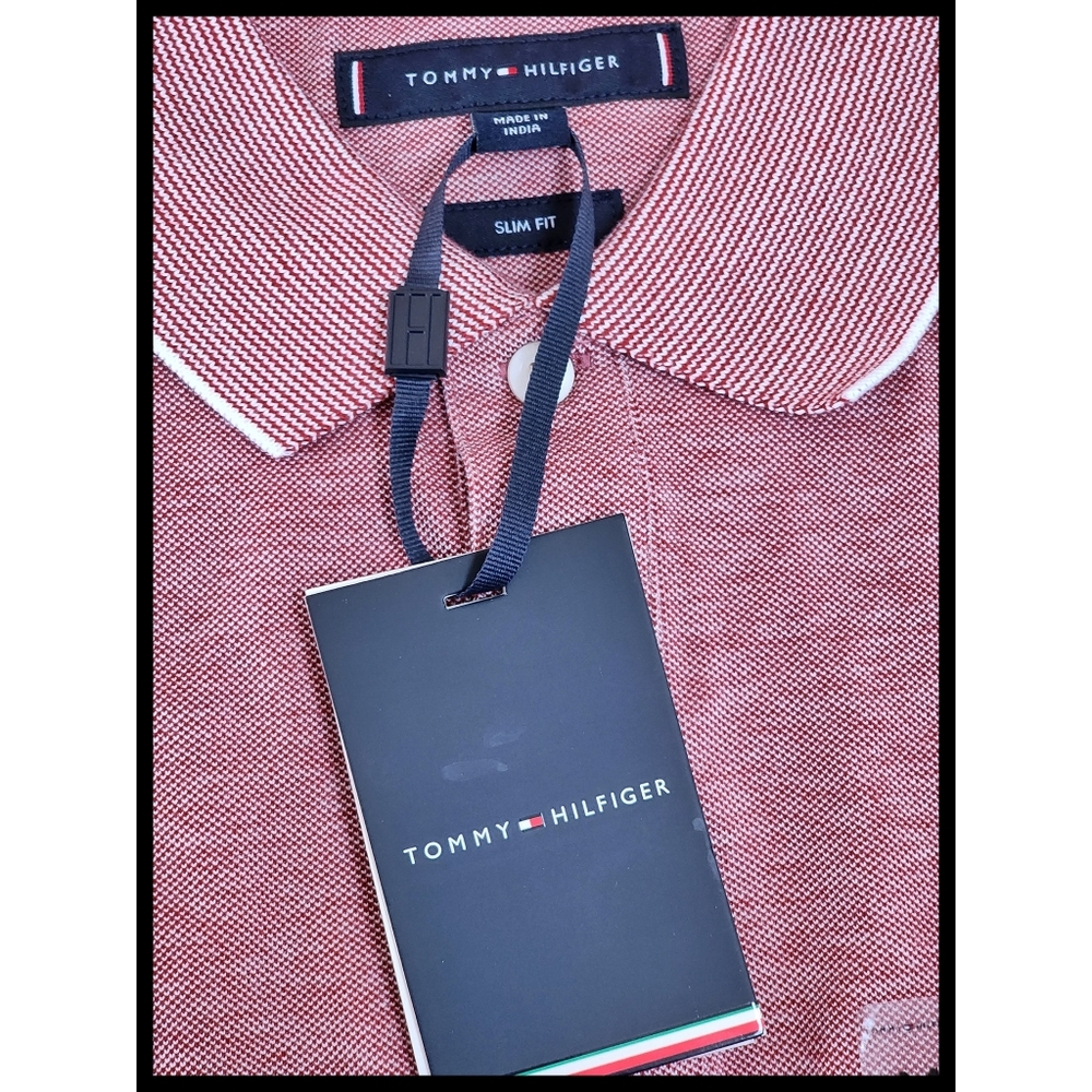 NWT Tommy Hilfiger Knit Collar Polo Shirt Red Washed Effect Slim Fit Medium NEW - Picture 2 of 7